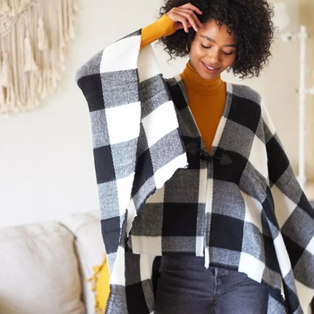 Summer and Rose Black and White Check Cape with Toggle Closure